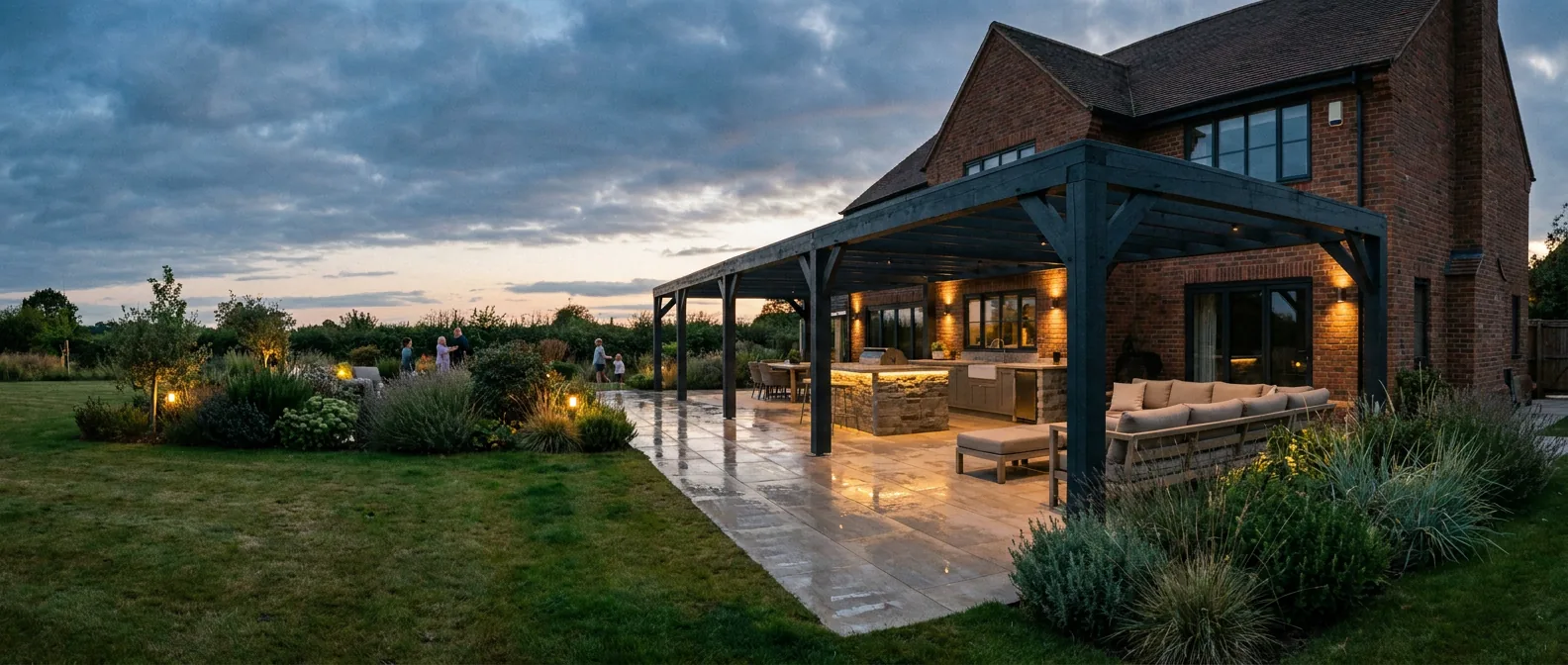 A long covered terrace at dusk with a lit pergola, outdoor kitchen and lounge seating