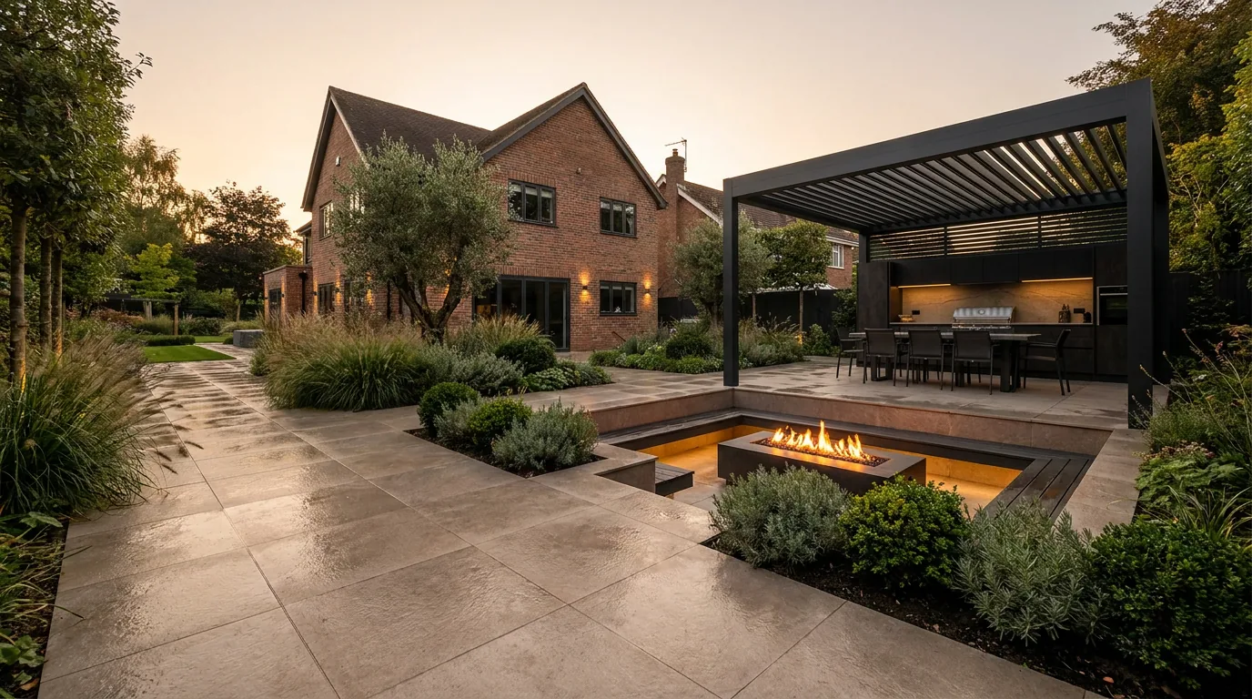 A wide terrace with a louvred pergola, outdoor kitchen and a sunken fire table at dusk