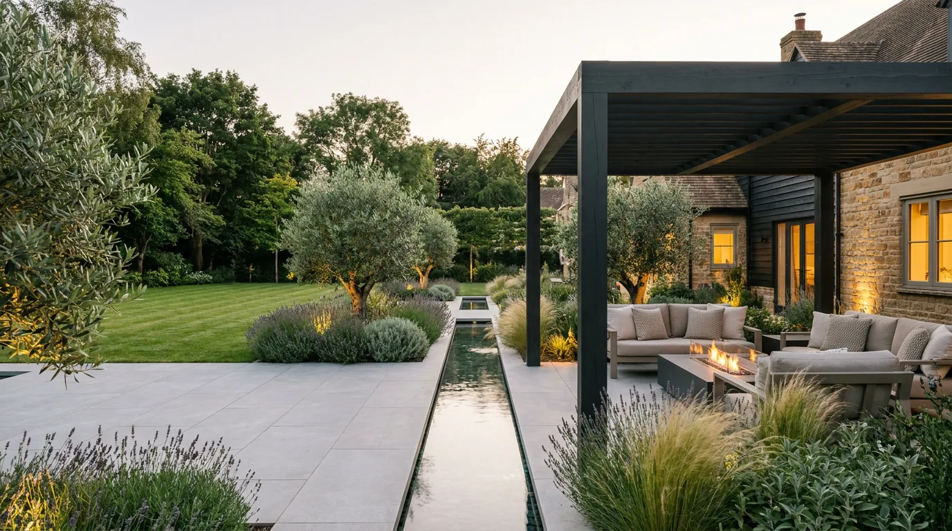 A cantilevered dark timber pergola over a lounge with a fire table beside a rill, planting lit from below