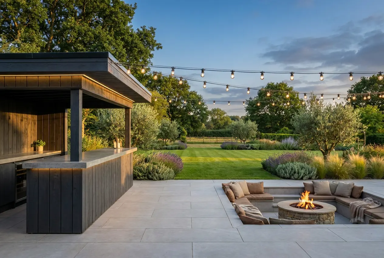 A timber garden bar pavilion with a sunken fire pit lounge and festoon lights over a wide lawn at dusk
