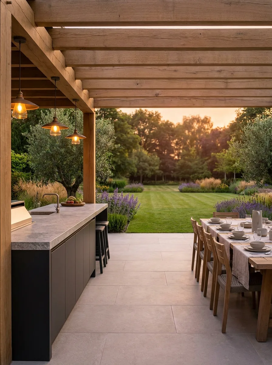 An outdoor kitchen island with bar seating under an oak pergola with lights, a large lawn and trees beyond at dusk