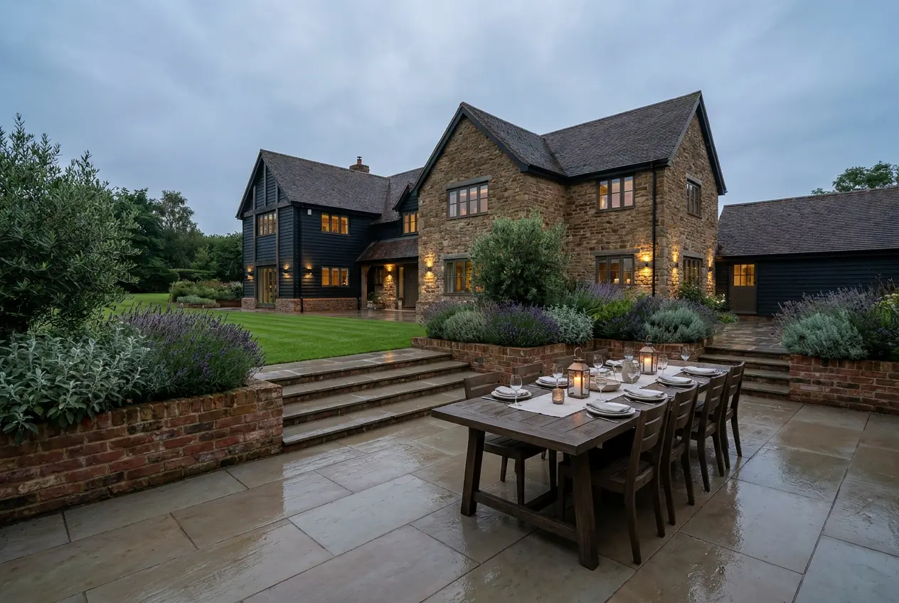 A wide porcelain patio with a long dining table and raised planters at a large detached house
