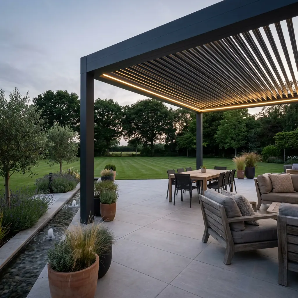 A large louvred pergola with integrated lighting over a dining table and lounge beside a rill