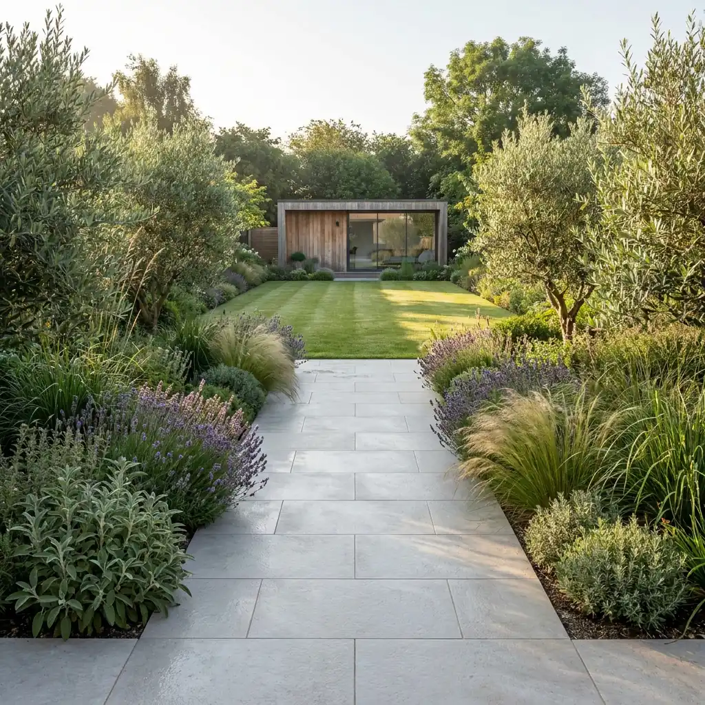 A large timber-and-glass garden studio at the end of a landscaped garden, reached by a wide path between deep borders