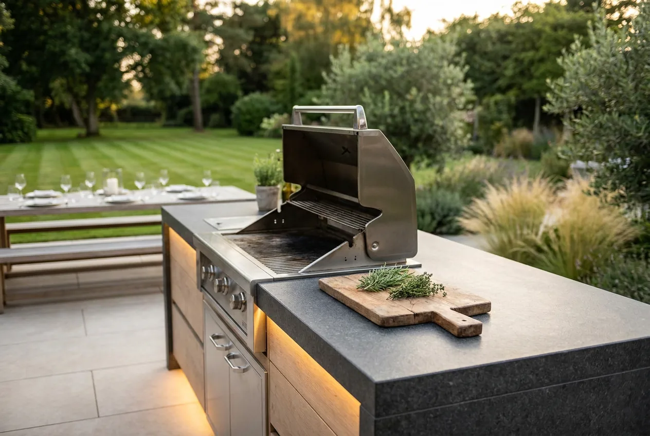 Close detail of an outdoor kitchen worktop with a built-in grill, prep space and under-counter lighting, a dining table beyond